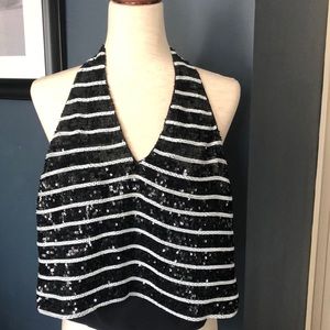 Navy & white sequin v neck